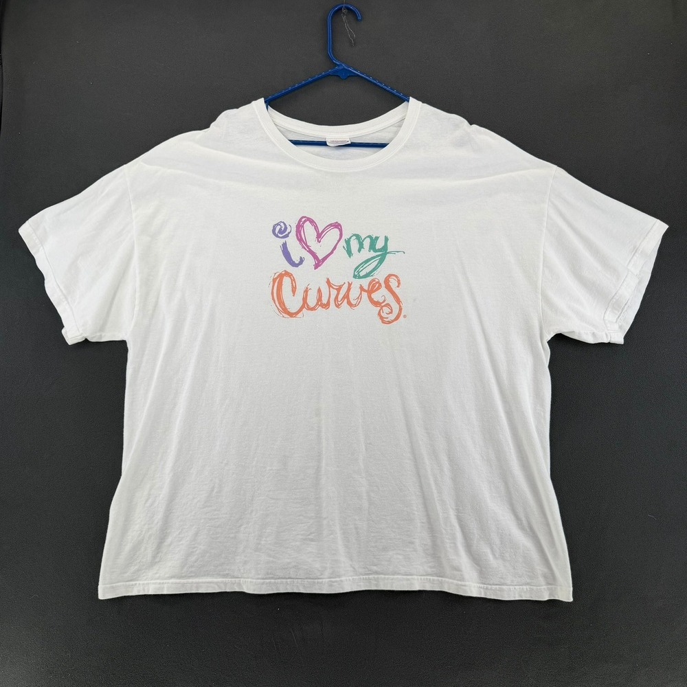 Vtg Y2K Curves Gym T Shirt Womens 3XL White I Love My Curves Hanes Heavyweight